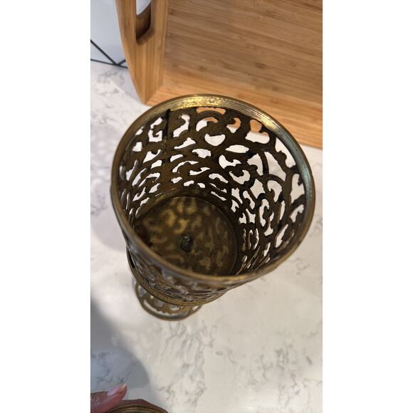 Reticulated Brass Pedestal Candle Holder Vintage Mid-Century Gothic Brass Decor - Picture 9 of 12